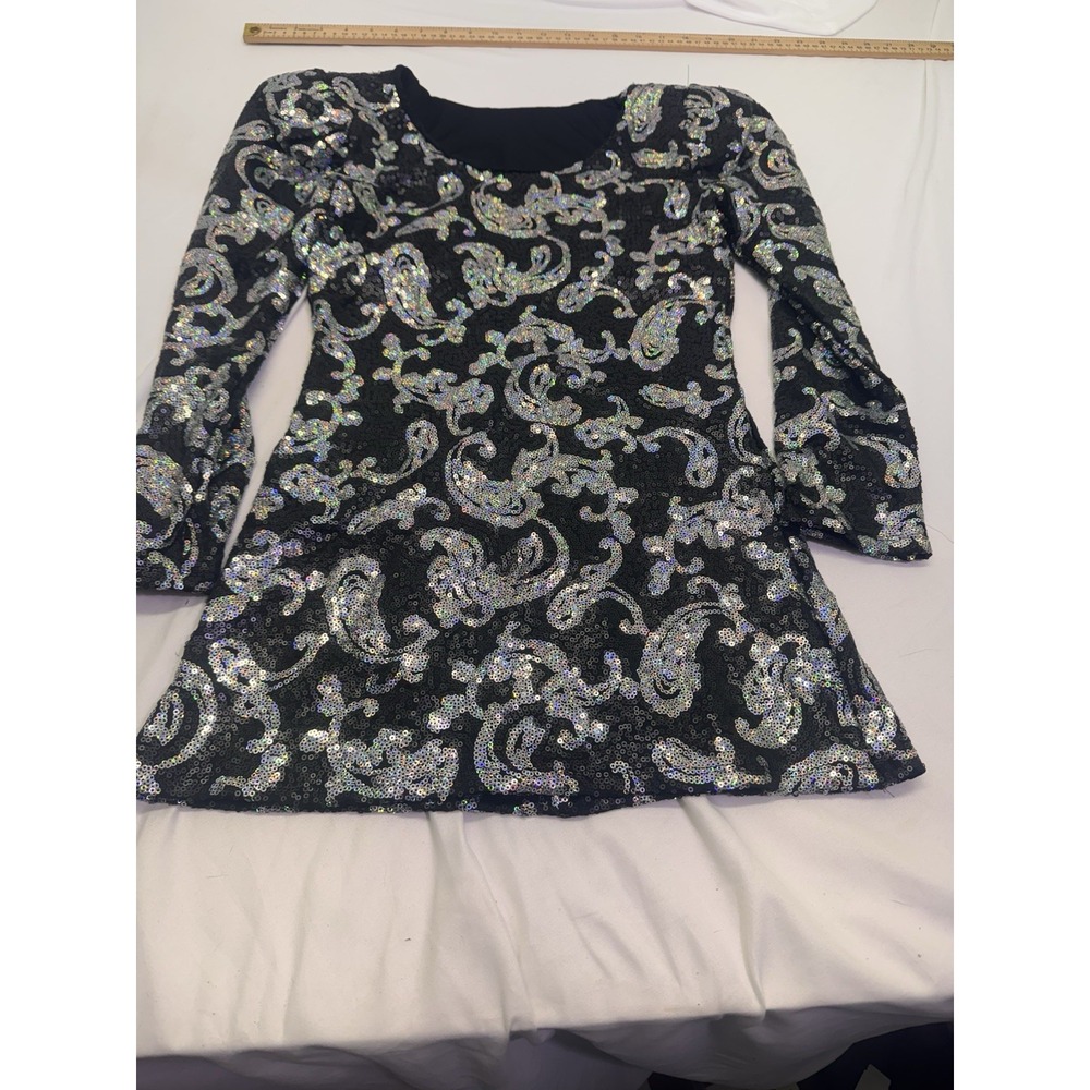 Vintage Sequin Dance Dress 3/4 Sleeve Adult Small Paisley Fit And Fair Silver Bl